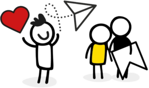 Ein Bild mit dem fröhlichen Menschen, auf dem ein Mensch mit einem Herzchen einen Papierflieger an andere Menschen schickt