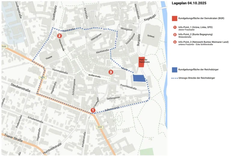 Lageplan Weimar für den 4. Oktober 2025 – Demoroute Reichsbürger, Infostäände Zivilgesellschaft und Parteien und Gegendemo am Schloss
