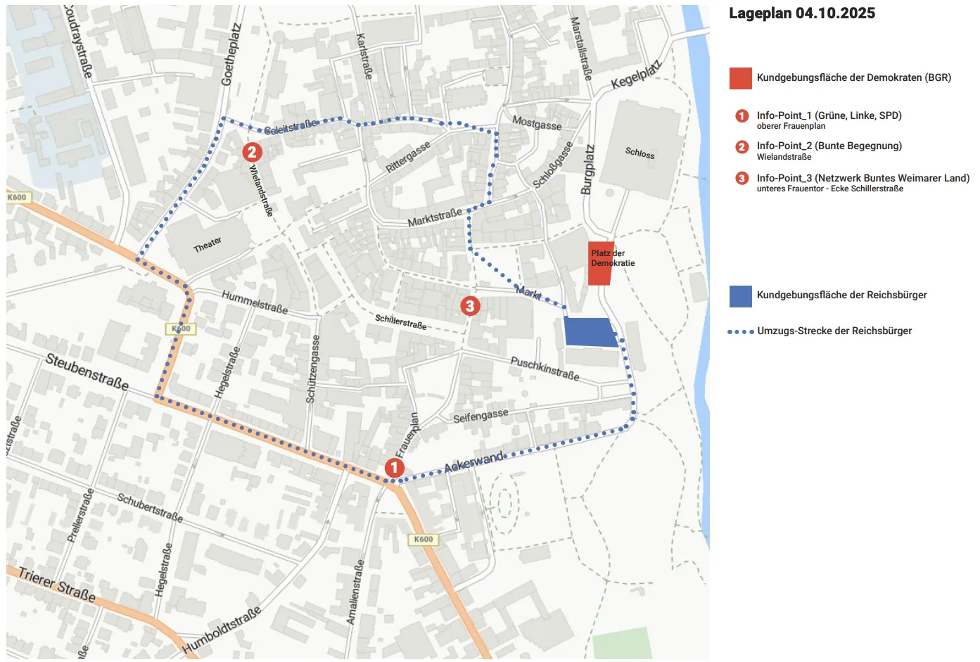Lageplan Weimar für den 4. Oktober 2025 – Demoroute Reichsbürger, Infostäände Zivilgesellschaft und Parteien und Gegendemo am Schloss